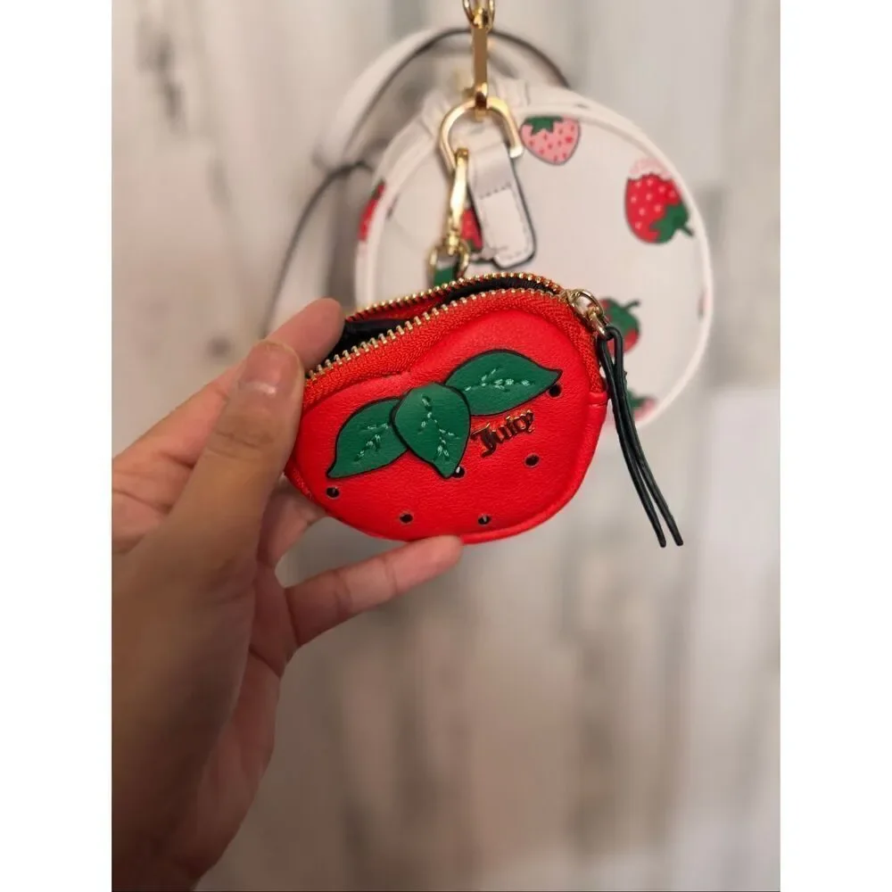 Juicy Couture Strawberry Print Barrel Purse with Coin Pouch | White Pink Red Cro